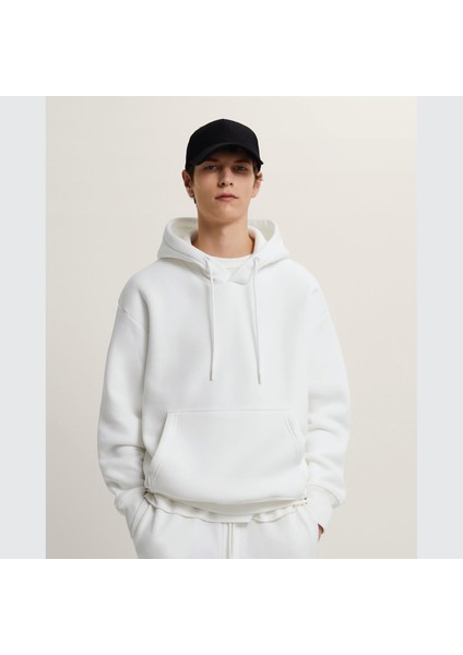 Soarte Unisex Şardonlu Kapüşonlu Kanguru Cepli Relaxed Fit Sweatshirt Beyaz modelleri
