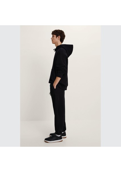 Soarte Unisex Şardonlu Kapüşonlu Kanguru Cepli Relaxed Fit Sweatshirt Siyah