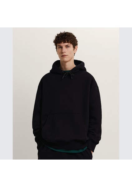 Soarte Unisex Şardonlu Kapüşonlu Kanguru Cepli Relaxed Fit Sweatshirt Siyah modelleri