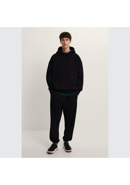 Soarte Unisex Şardonlu Kapüşonlu Kanguru Cepli Relaxed Fit Sweatshirt Siyah