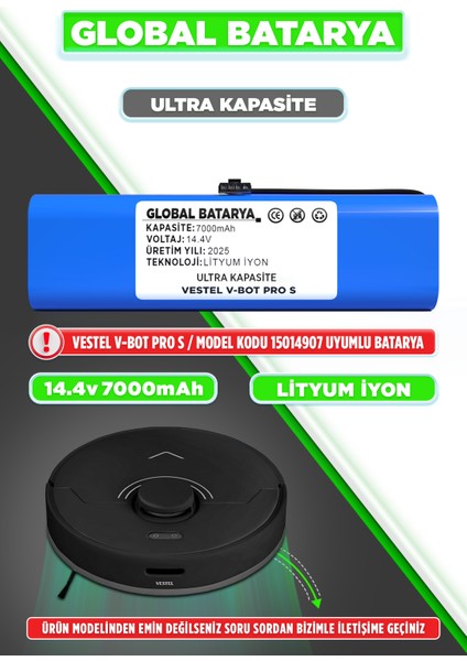 Vestel V-Bot Pro S Uyumlu Robot Süpürge Bataryası 14.4V 7000MAH Pil (Yüksek Kapasite)