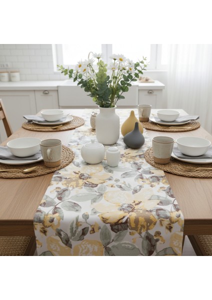 Jakarlı Dokuma Dekoratif Runner 45 x 140 cm Sarı Çiçekli