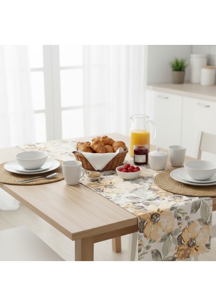 Jakarlı Dokuma Dekoratif Runner 45 x 140 cm Sarı Çiçekli