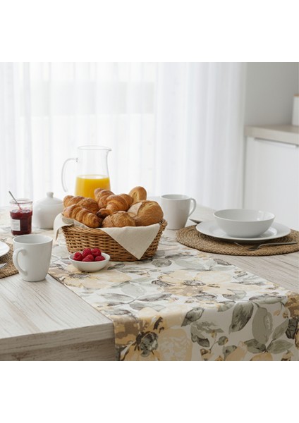 Jakarlı Dokuma Dekoratif Runner 45 x 140 cm Sarı Çiçekli