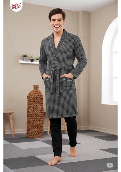 23711 Erkek Pamuklu Uzun Kollu Kuşaklı Robdöşambr Sabahlık