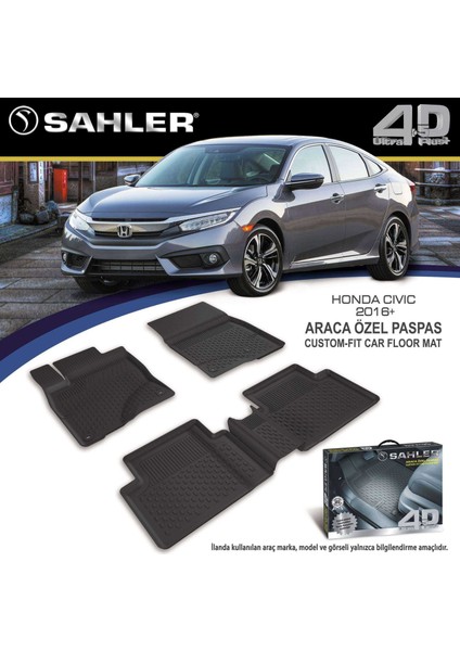 Honda Civic 2016-2020 Fc5 İçin SAHLER 4.5D Premium Özel Havuzlu Paspas Siyah-Civic