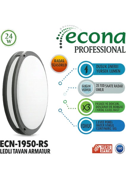 ECN-1950-RS 24W Hareket Sensörlü LED Tavan Armatür fiyatları