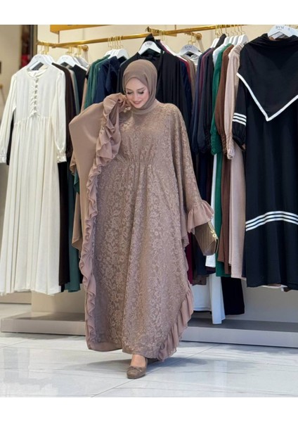 Şifon Fırfır Detaylı Dantel Elbise modelleri