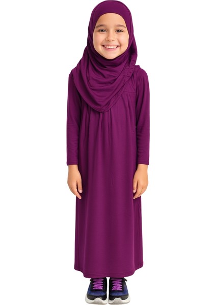 Penye Kendinden Başörtülü Çocuk Namaz Elbisesi Mor/ 6-7-8 Yaş