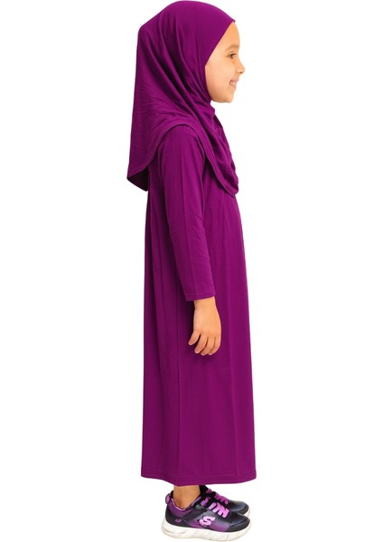 Penye Kendinden Başörtülü Çocuk Namaz Elbisesi Mor/ 6-7-8 Yaş fırsatları