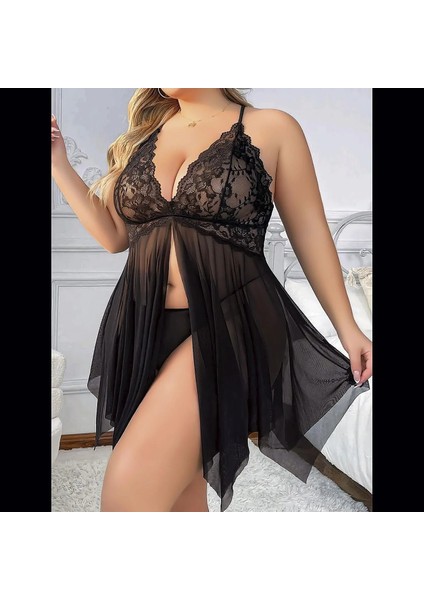 Kadın Siyah Tül Transparan Fantezi Gecelik