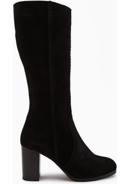 Aleen Hakiki Deri Siyah Süet Topuklu Kadın Çizme