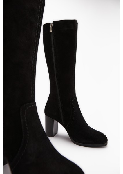 Aleen Hakiki Deri Siyah Süet Topuklu Kadın Çizme indirimleri