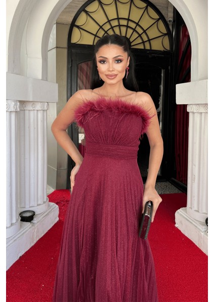 Simli Tül Kumaş Yaka Otriş Plise Detaylı Abiye Elbise - Bordo modelleri