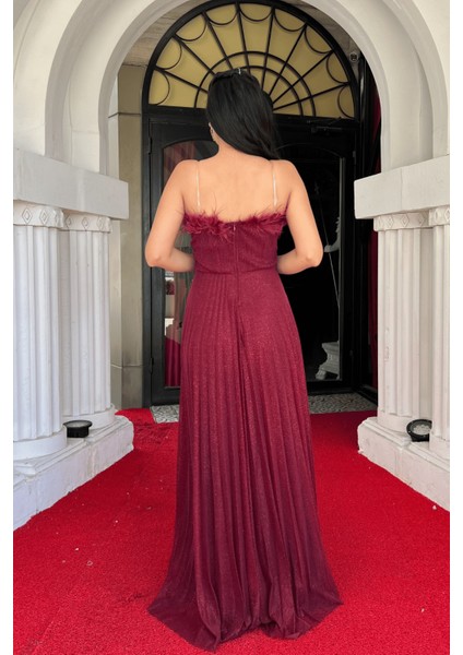 Simli Tül Kumaş Yaka Otriş Plise Detaylı Abiye Elbise - Bordo indirimleri