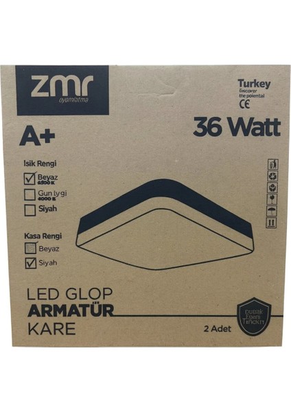36 Watt Kare LED Glop Armatür 2'li – Beyaz Işık (6500K) – Siyah Kasa fiyatları