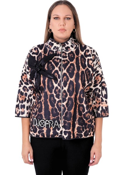 Leopar Desenli Çiçek Motifli Ince Rüzgarlık Büyük Beden Kapri Kol Ceket