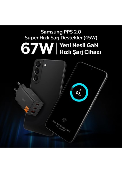 67W USB-C + USB-A 3 Port Hızlı Şarj Aleti PPS 2.0 Desteği Isı Düşüren GaN Pro Destekli Akım Korumalı Güç Adaptörü iPhone & Android & iPad & MacBook Type-C Black - ACH09458 modelleri