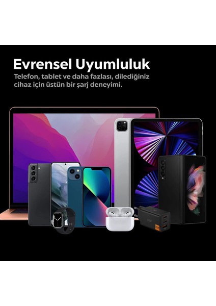 67W USB-C + USB-A 3 Port Hızlı Şarj Aleti PPS 2.0 Desteği Isı Düşüren GaN Pro Destekli Akım Korumalı Güç Adaptörü iPhone & Android & iPad & MacBook Type-C Black - ACH09458