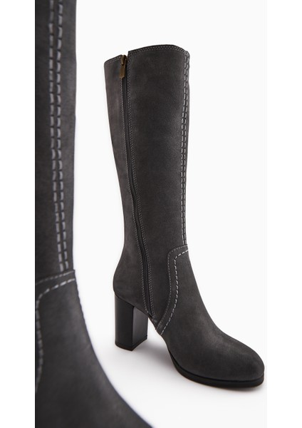 Aleen Hakiki Deri Gri Süet Topuklu Kadın Çizme fırsatları
