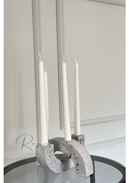 Şık Mermer Desenli Mumluk Taş Tozu Bej Renk Modern Tasarım 4 Mum Gözü indirimleri