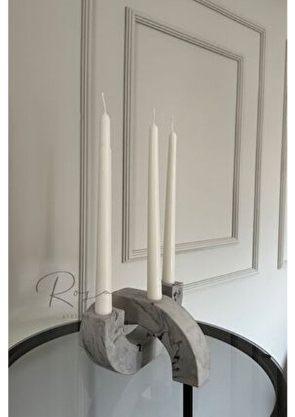 Şık Mermer Desenli Mumluk Taş Tozu Bej Renk Modern Tasarım 4 Mum Gözü