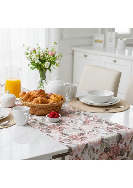 Jakarlı Dokuma Dekoratif Runner 45 x 140 cm Pembe Çiçekli