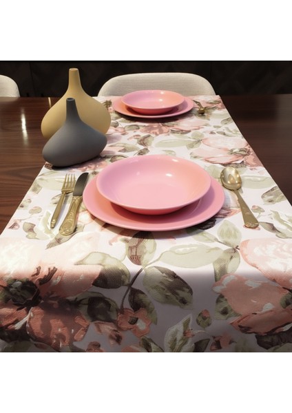 Jakarlı Dokuma Dekoratif Runner 45 x 140 cm Pembe Çiçekli