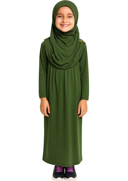 Penye Kendinden Başörtülü Çocuk Namaz Elbisesi Yeşil/ 6-7-8 Yaş