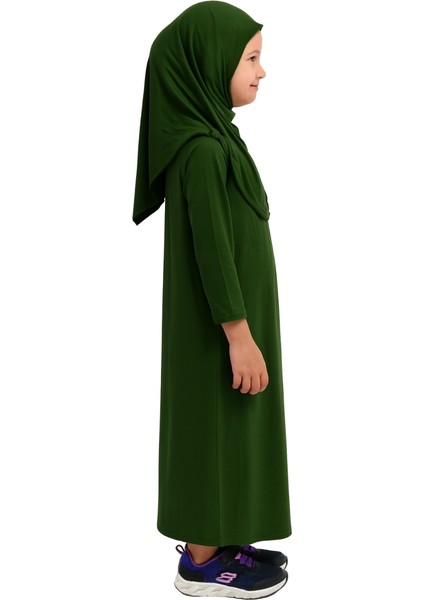 Penye Kendinden Başörtülü Çocuk Namaz Elbisesi Yeşil/ 6-7-8 Yaş indirimleri