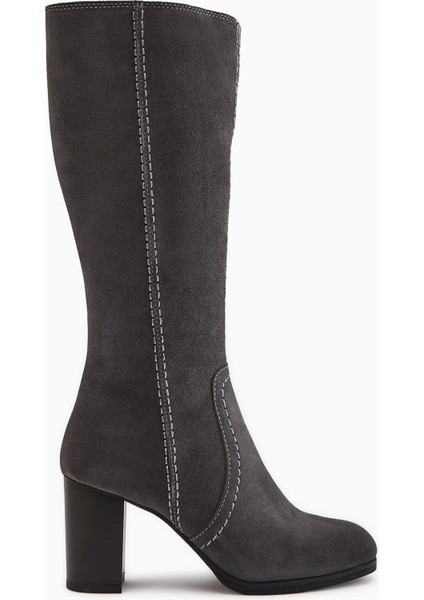 Aleen Hakiki Deri Gri Süet Topuklu Kadın Çizme