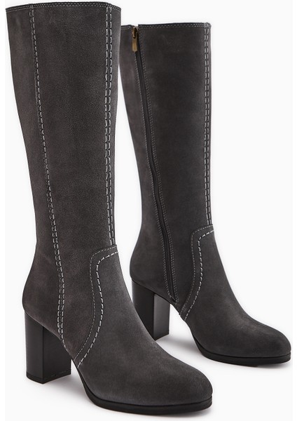Aleen Hakiki Deri Gri Süet Topuklu Kadın Çizme modelleri