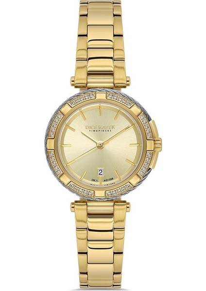 DK.1.AG1398.04 Takvimli Çelik Kasa 5 Atm Suya Dayanıklı Altın Renk Kadın Kol Saati