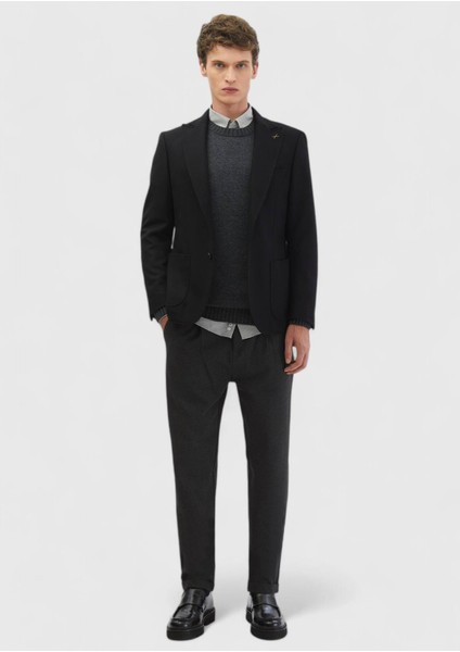 Siyah Desenli Zeroweight Slim Fit Yün Karışımlı Ceket