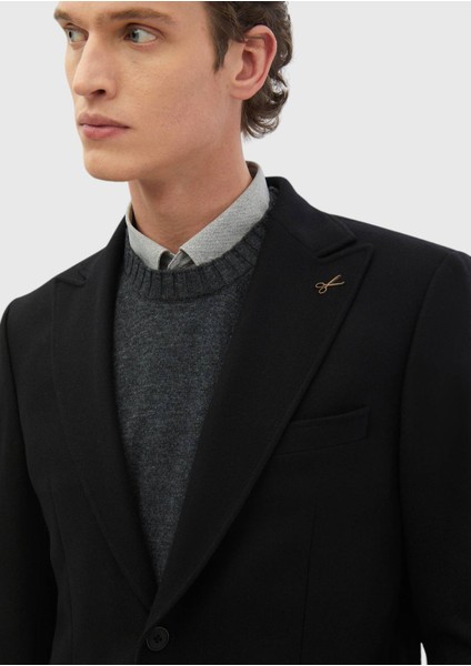 Siyah Desenli Zeroweight Slim Fit Yün Karışımlı Ceket