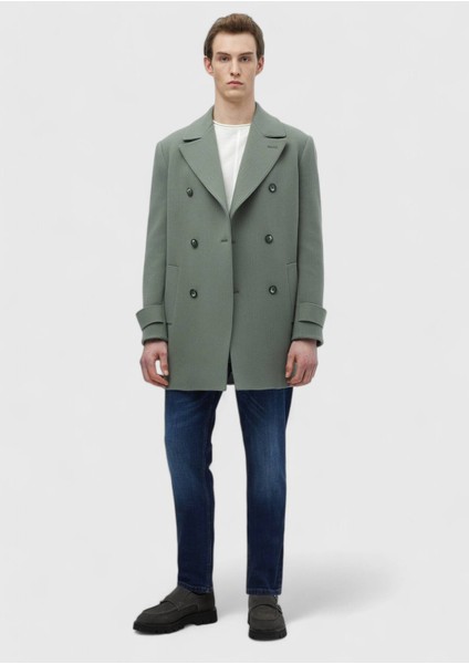 Açık Yeşil Regular Fit Kruvaze Yaka Casual Dokuma Palto