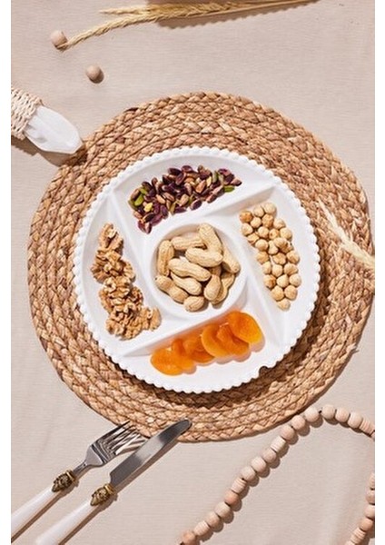 Carmen Perla 5 Bölmeli Porselen Sunum Tabağı 27 cm Beyaz Renkli Şık Tasarım