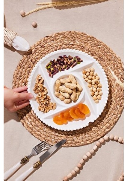 Carmen Perla 5 Bölmeli Porselen Sunum Tabağı 27 cm Beyaz Renkli Şık Tasarım