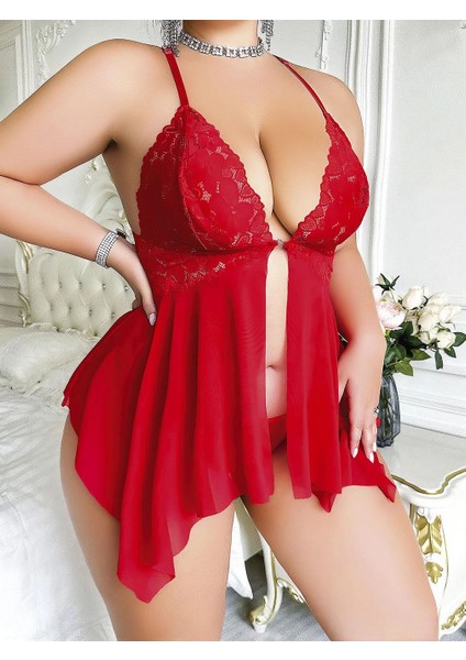 Kadın Kırmızı Fantezi Büyük Beden Gecelik Takımı