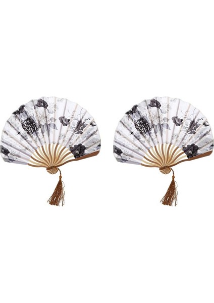 2x Çin Gri Şakayık Çiçeği Kumaş Bambu Katlanır Dans El Fan Beyaz (Yurt Dışından)