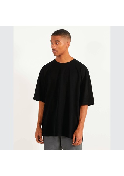 Kısa Kollu Oversize Siyah Tişört Unisex %100 Pamuk Recycle