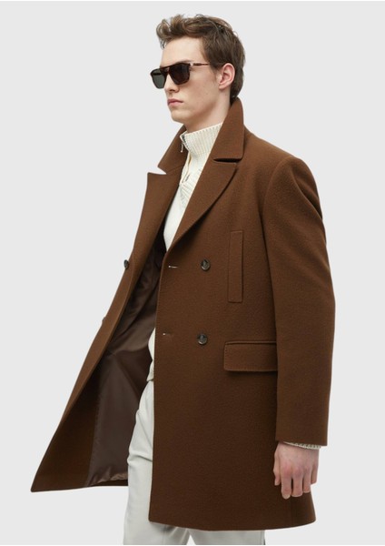 Deve Tüyü Regular Fit Kruvaze Yaka Casual Dokuma Palto