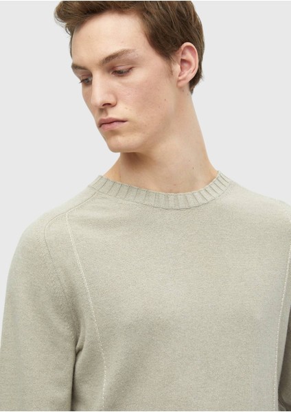 Bej Bisiklet Yaka Jakarlı Yün Karışımlı Triko Kazak