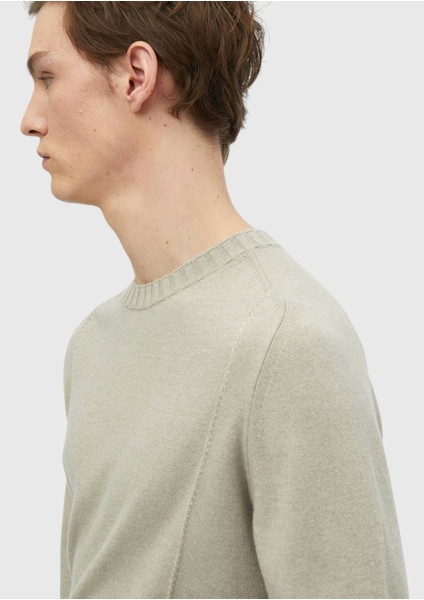 Bej Bisiklet Yaka Jakarlı Yün Karışımlı Triko Kazak