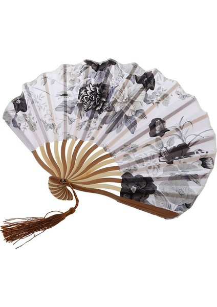 2x Çin Gri Şakayık Çiçeği Kumaş Bambu Katlanır Dans El Fan Beyaz (Yurt Dışından) modelleri