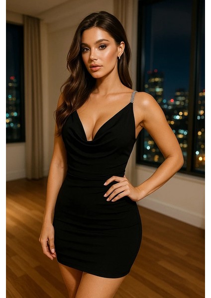 Drapeli V Yaka Mini Elbise V9401 modelleri
