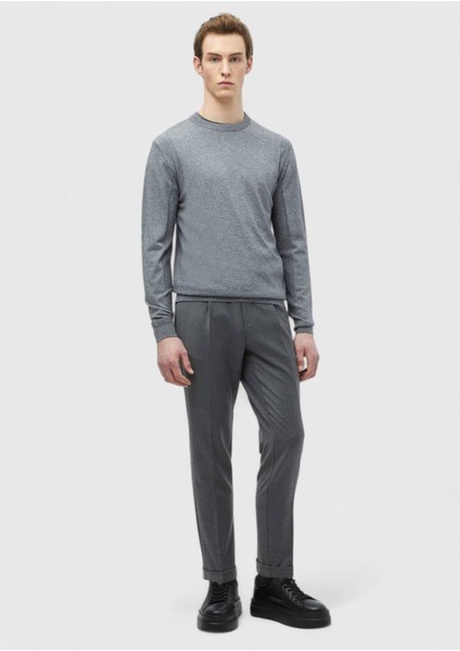 Gri Bisiklet Yaka Jakarlı Yün Karışımlı Triko Kazak