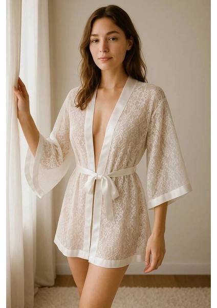 Saten Biyeli Beyaz Dantel Sabahlık – Markası 601