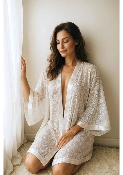 Saten Biyeli Beyaz Dantel Sabahlık – Markası 601 fırsatları