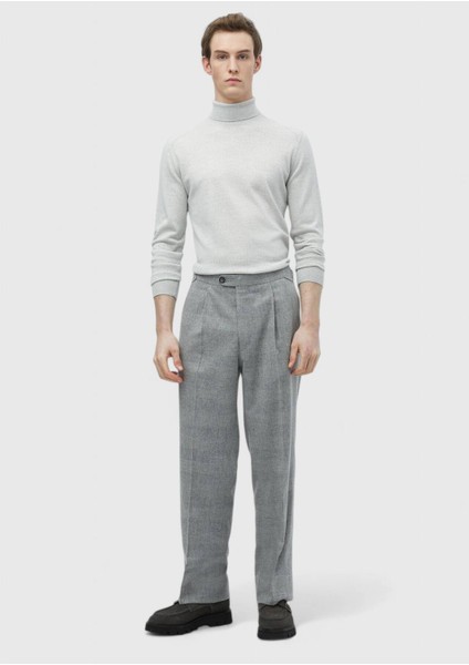 Açık Gri Desenli Dokuma Loose Fit Casual Yün Karışımlı Pantolon